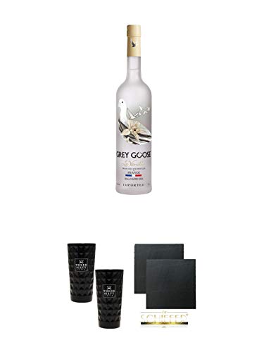 Grey Goose Vanilla Vodka 0,7 Liter + Three Sixty black Vodka Glas 2 Stück (black) + Schiefer Glasuntersetzer eckig ca. 9,5 cm Ø 2 Stück