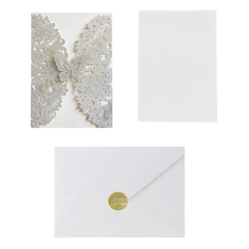 Reykentu 20 Set Schmetterling Einladungskarten Spitze Hochzeitseinladungen Quinceanera Karte Hochzeitseinladungskarten + Umschläge (Silber Glitzer)