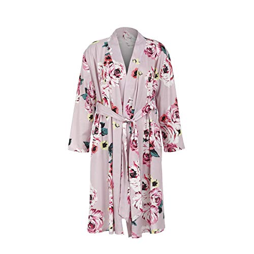 Damen Umstands Schwangerschafts Kimono Robe Blume Bademantel Stillnachthemd Nachtwäsche Still-Nachthemd für Schwangere mit Gürte (Rosa, L)
