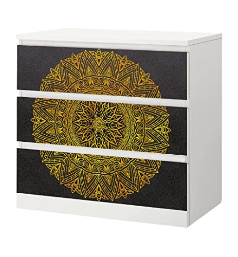 MyMaxxi | Klebefolie Möbel kompatibel mit IKEA Malm Kommode 3 Schubladen | Motiv Goldsiegel rundes Muster | Möbelfolie selbstklebend | Dekofolie Tattoo Aufkleber Folie für Wohnzimmer