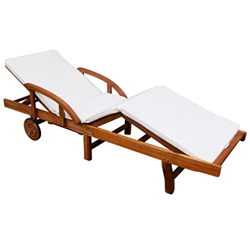 Tidyard Verstellbare Sonnenliege Holz mit Auflage und 2 Rädern, Gartenliege Relaxliege Liegestuhl für Garten Terrasse Schwimmbad, Massivholz Akazie 200x68x30-83 cm