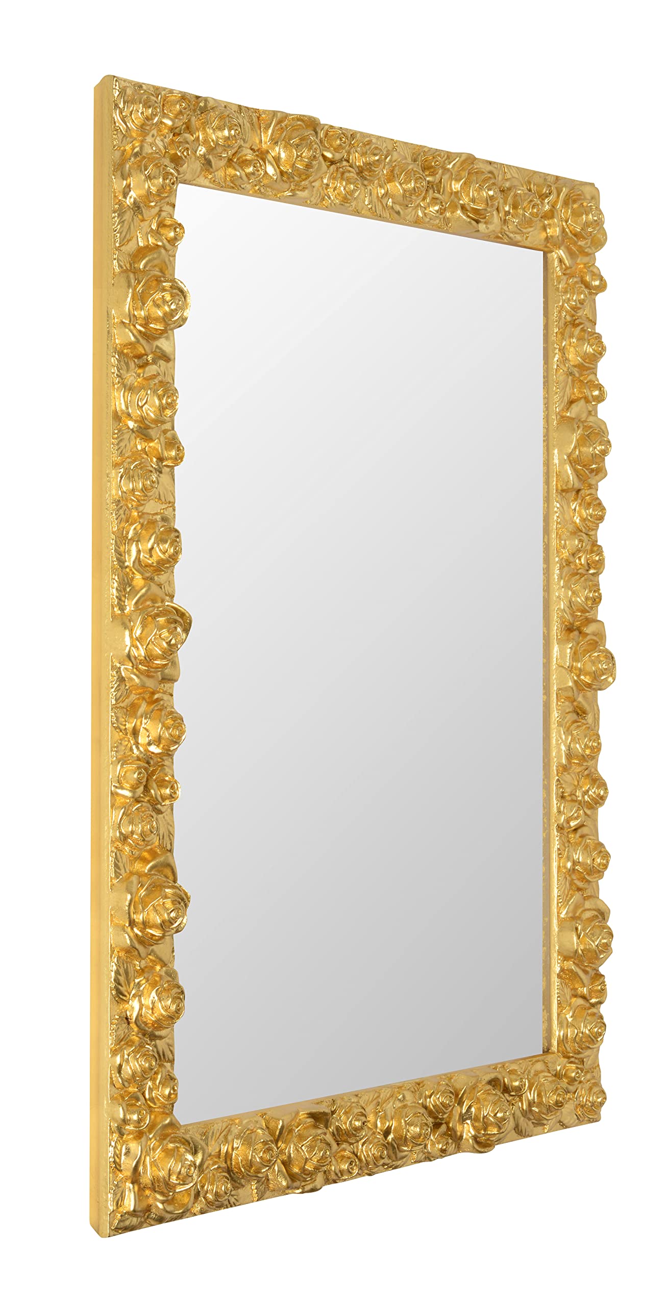 MO.WA Wandspiegel Spiegel Klassisch 62x82 Gold, Dekospiegel rechteckig Blattgold, Spiegel mit Holzrahmen verziert, für Wohnzimmer, Schlafzimmer, Badezimmer, Eingangsraum Flur