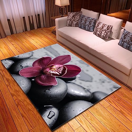 AMBATTERY 3D-Muster Teppich Teppich Orchideen Und Steine Bodenmatte 150x210cm 3D Teppich,Teppiche Für Flure Wohnzimmer Esszimmer Wohnkultur
