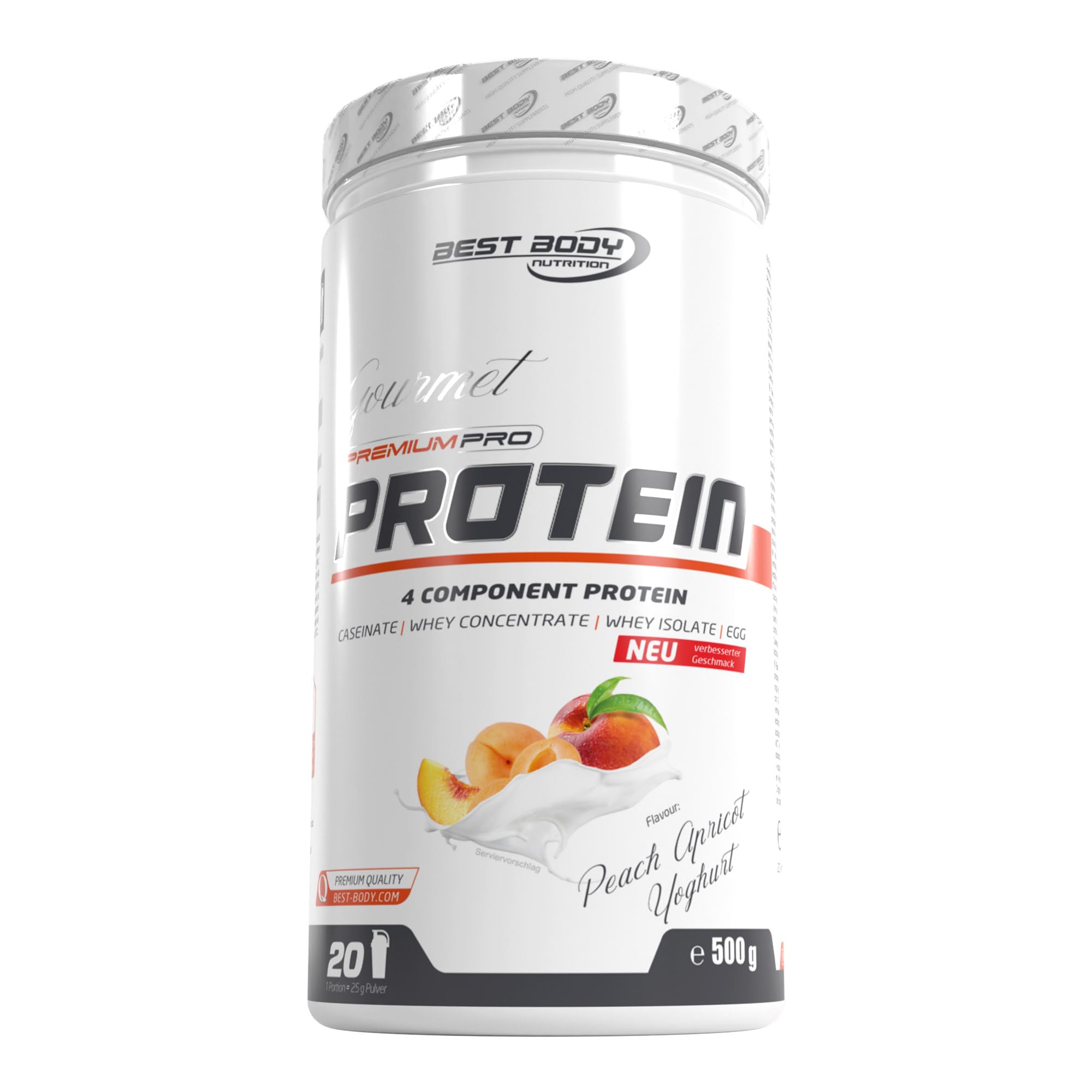 Best Body Nutrition Gourmet Premium Pro Protein, Peach Apricot Yoghurt Dose, 4 Komponenten Protein Shake: Caseinat, Whey Konzentrat, Whey Isolat, Eiprotein, 500 g Dose