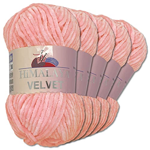 Wohnkult Himalaya 5 x 100 g Velvet Dolphin Wolle 40 Farben zur Auswahl Chenille Strickgarn Glanz Flauschgarn Accessoire Kleidung (90019 | Rosa)