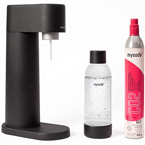 Mysoda Wassersprudler Set Woody aus erneuerbarem Biokomposit Material inkl. CO2-Zylinder und 1L Quick-Connect BPA-frei Plastikflasche (Schwarz)