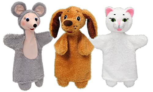 Set 3-Fach Plüsh Handpuppe Tierhandpuppen Maus Hund und Katze 34 cm, Ideal für Puppentheatre und Rollenspiele, für Kinder Baby Jungen Mädchen