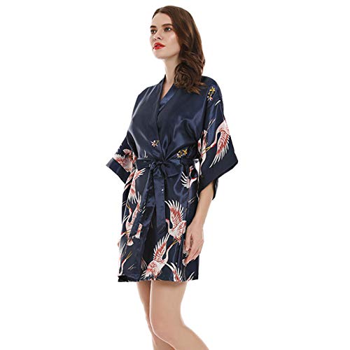 Damen Kimono Roben Morgenmantel Damen Kleid Nachthemd Kleid Imitation Seide Roben V-Ausschnitt Soft Print Bademantel Pyjama 009-XL