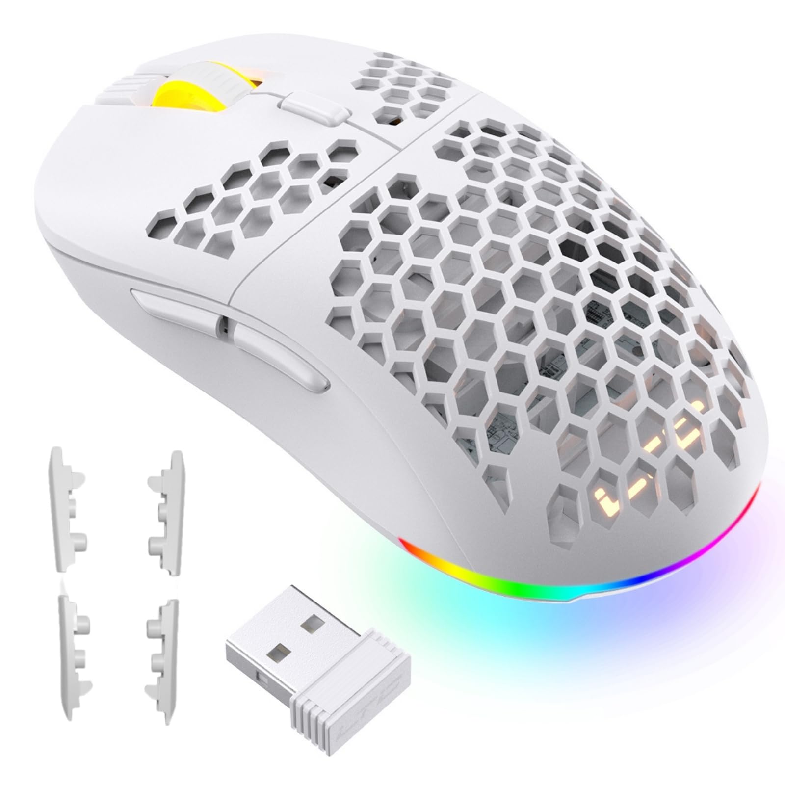 LTC Mosh Pit RGB Kabellose Gaming-Maus mit ultraleichtem Wabengehäuse,16.000 DPI einstellbar, ergonomische Form für Rechts- oder Linkshänder, komfortable 2,4G Mäuse für PC/Mac/Laptop, Weiß
