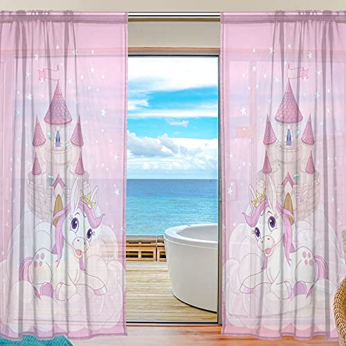 FFY Go Sheer Voile Fenster Vorhang Pink Einhorn Bedrucktes Weiches Material Für Schlafzimmer Wohnzimmer Küche Decor Home Tür Dekoration 2 Felder 198,1 X 139,7 cm