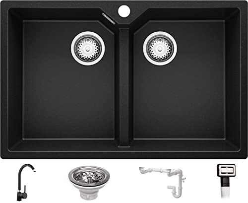 Spülbecken Schwarz 78 x 50 cm, Granitspüle + Küchenarmatur + Ablauf-Set, Küchenspüle ab 80er Unterschrank, Einbauspüle von Primagran