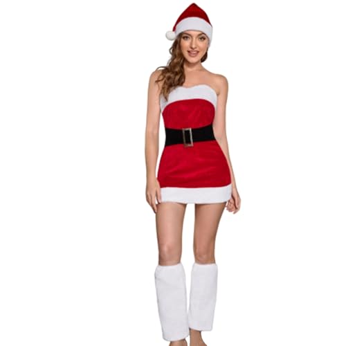 Wedhapy Weihnachts-Dessous-Set, 3-teilig, Größe L, Kostüm für Erwachsene, Weihnachtsmann-Kleid mit Strümpfen und Weihnachtsmütze, sexy Weihnachtsmann-Kostüm, Body für Frauen, Cosplay, Weihnachtsfeier