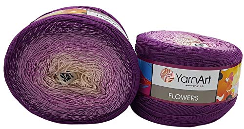 YarnArt Flowers 500 Gramm Bobbel Wolle Farbverlauf, 55% Baumwolle, Bobble Strickwolle Mehrfarbig (lila Flieder Creme 290)