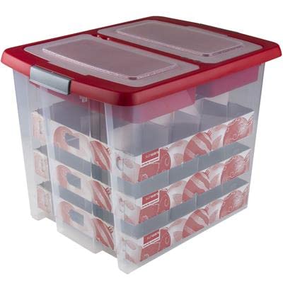SUNWARE Nesta Weihnachtsbox 45 Ltr mit Tabletts für 48 Weihnachtskugeln (Ø70-80mm) - transparent/rot