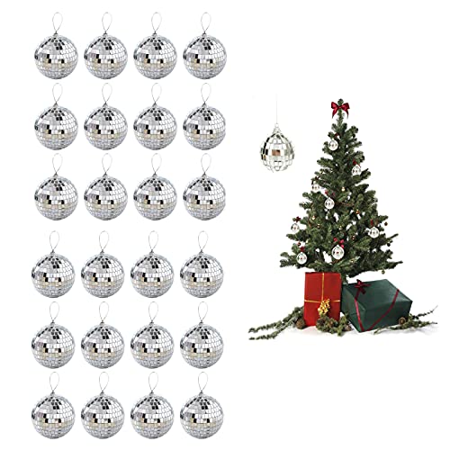 WUHNGD 24 Stück Spiegel-Diskokugeln, 2 cm, silberfarbene Weihnachtskugeln zum Aufhängen, leuchtend reflektierend, Discokugel für Feiertage, Party-Dekoration