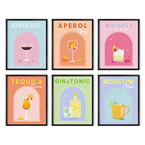 HAUS AND HUES Dänisches Pastell-Poster, Alkohol-Poster, Set mit 6 ästhetischen Cocktail-Postern, adrette Bilder für die Wand, flippige Schlafsaal-Poster für College-Mädchen, bunte Bar-Wandkunst (20,3
