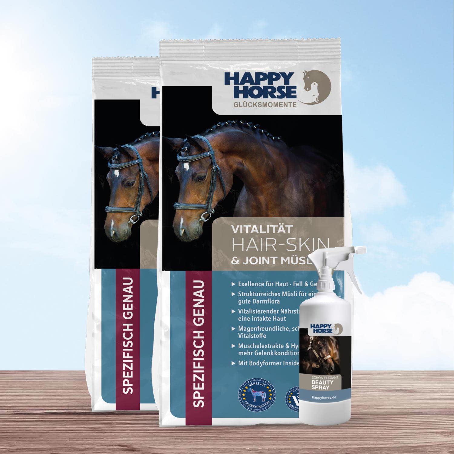 HAPPY HORSE Hair, Skin & Joint Müsli 2 x 14 kg + Beauty Spray - für gesunde Haut und Fell