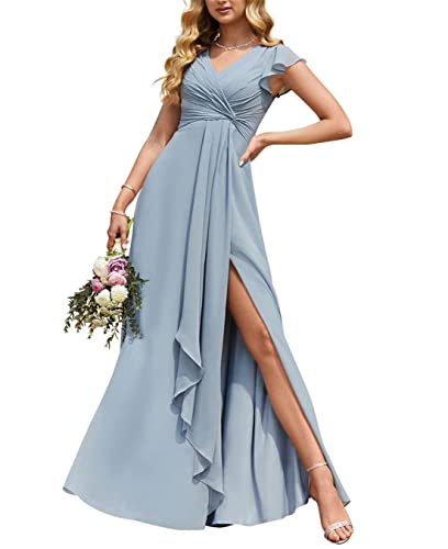 Hochzeit Trauzeugin Kleider Elegant Lange Empire Taille Plissee Flowy Rüschen Abendkleider mit Schlitz, dusty blue, 44