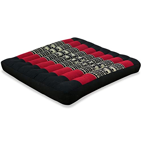 livasia Kapok Sitzkissen (50x50x6,5cm) der Marke Asia Wohnstudio, optimal als Stuhlauflage oder Meditationskissen, Bodenkissen BZW. Stuhlkissen (schwarz/rot/Elefanten)