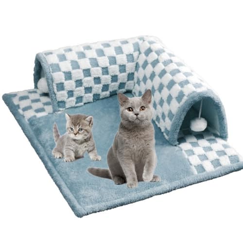 2-in-1 Funny Plush Plaid Checkered Cat Tunnel Bed, Large Cat Tunnel Bed for Indoor Cat (Blue,L(4.5-13LB))