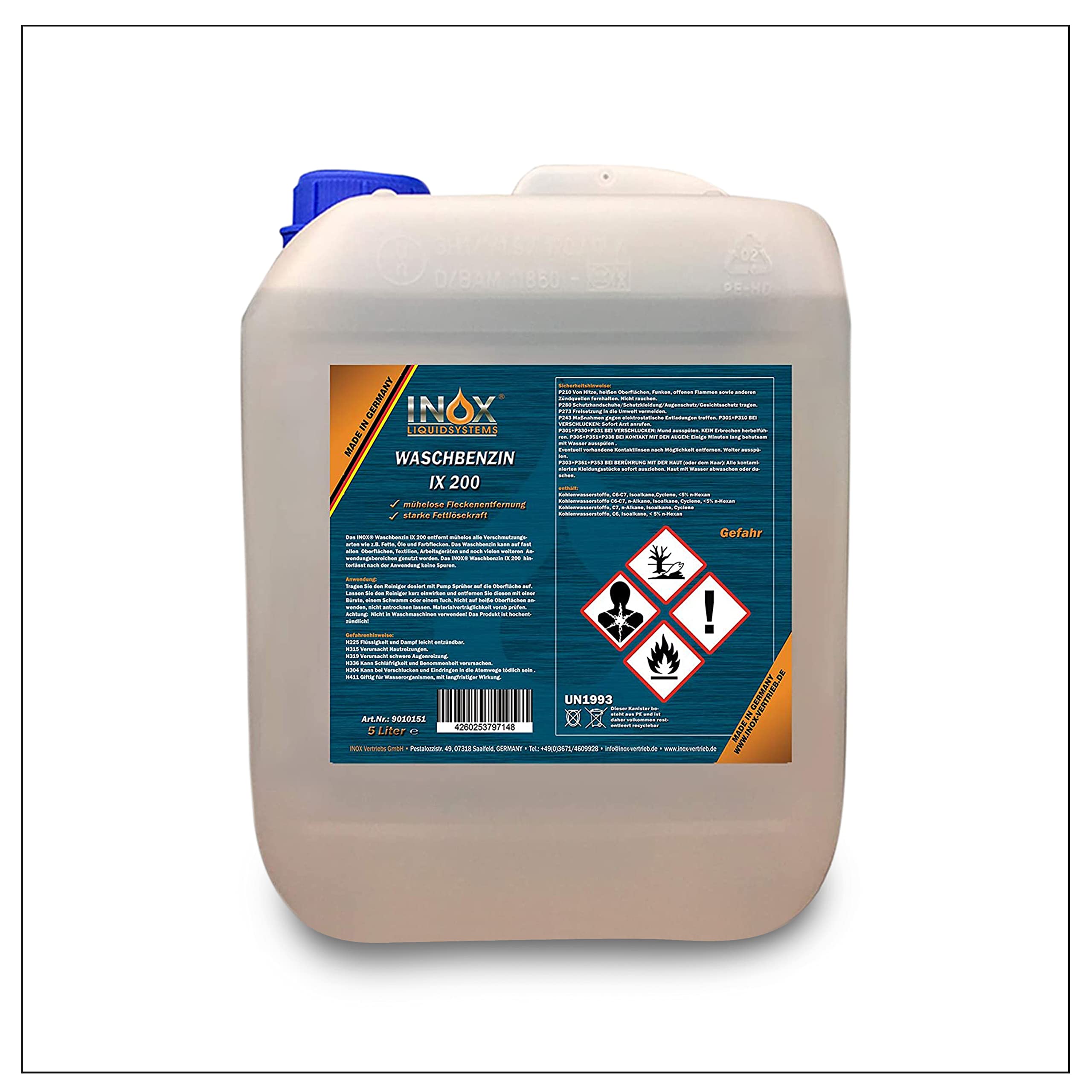 INOX® - IX 200 Waschbenzin 5L - Lösungsmittel für Fleckentfernung auf Textil, Kunststoff, Oberflächen & Arbeitsgeräten - Waschbenzin Reinigungsbenzin - Benzin Reiniger