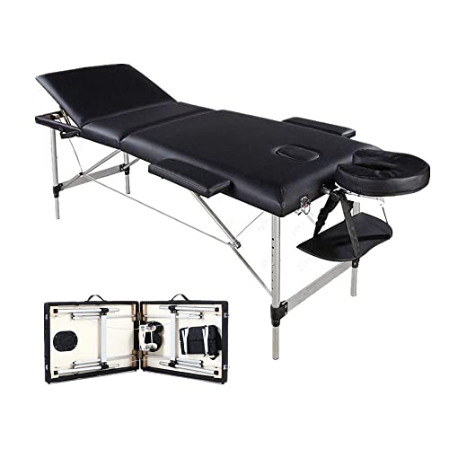QiMu Massageliege Massagetisch Deluxe Professionelle kosmetikliegen Massagebett,3Zonen höhenverstellbaren Aluminum-Füßen und Premium-PU-Leder Einfache Installation mit Tragetasche,Schwarz