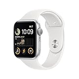 Apple Watch SE (2. Generation) (GPS, 44mm) Smartwatch - Aluminiumgehäuse Silber, Sportarmband Weiß - Regular. Fitness-und Schlaftracker, Unfallerkennung, Herzfrequenzmesser, Wasserschutz