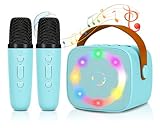 Karaoke Maschine Mini Tragbares Bluetooth Karaokemaschinen mit 2 Kabellosen Mikrofonen für Kinder Erwachsene mit Stimme wechselnde Effekte & LED Lichteffekten Jungen Mädchen Geschenke Heimparty (Blau)