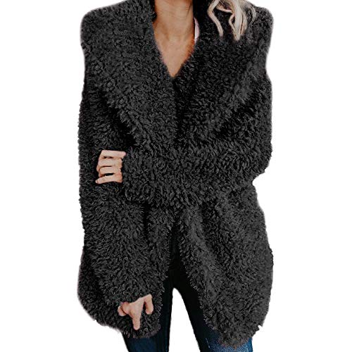Yowablo Damen Cardigan Strickjacke Warme künstliche Wollmantel Jacke Revers Winter Oberbekleidung (S,Schwarz)