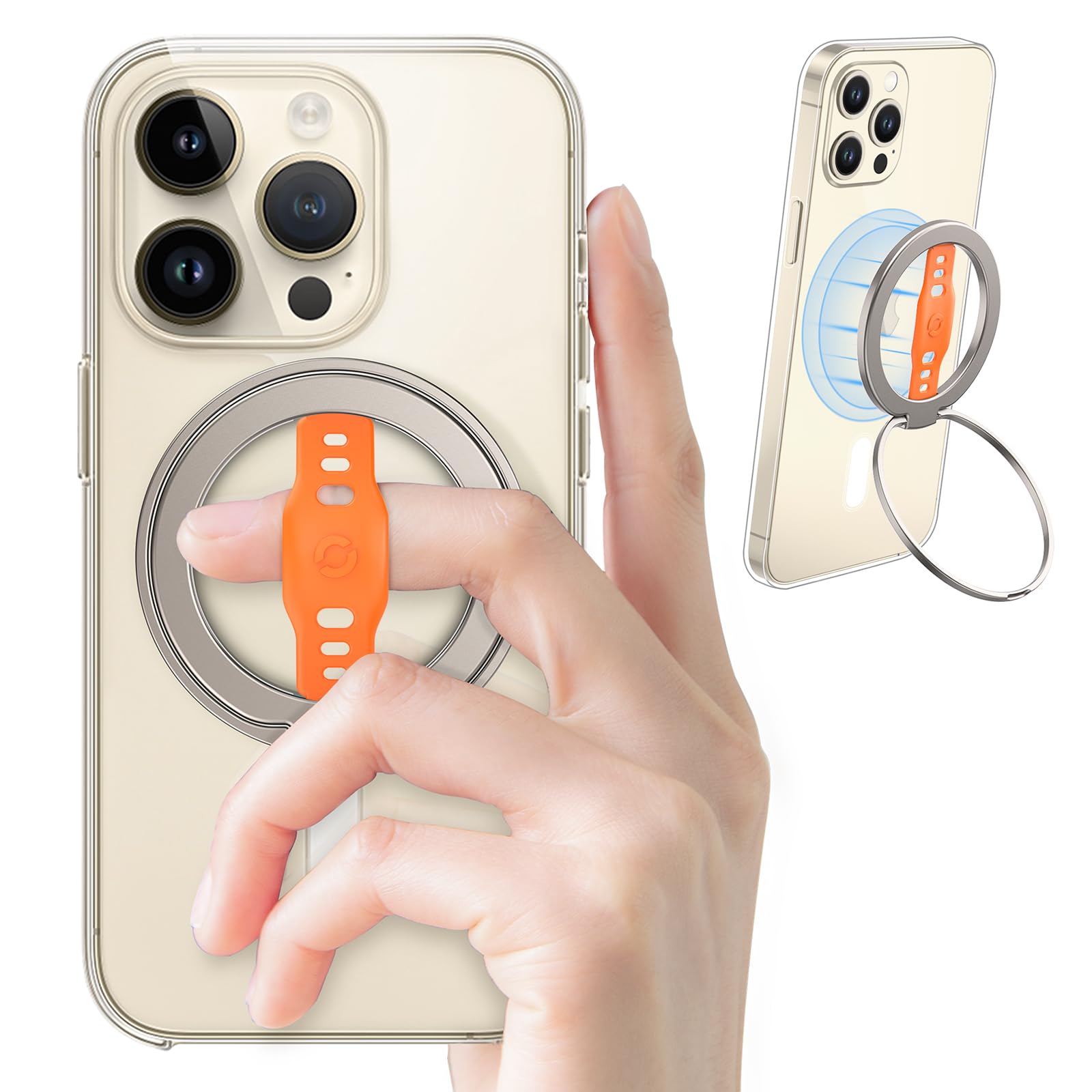 EWA MagOne (Upgrade) kompatibel mit MagSafe-Handy-Ständer mit Silikon-Fingerriemen, abnehmbarer magnetischer Ringhalter, Ständerschlaufe, nur für iPhone 15, 14, 13 Pro/Max/Plus