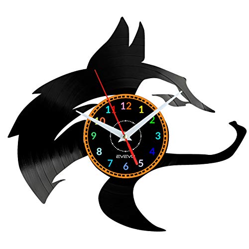 EVEVO Wolf Wanduhr Vinyl Schallplatte Retro-Uhr Handgefertigt Vintage-Geschenk Style Raum Home Dekorationen Tolles Geschenk Wanduhr Wolf