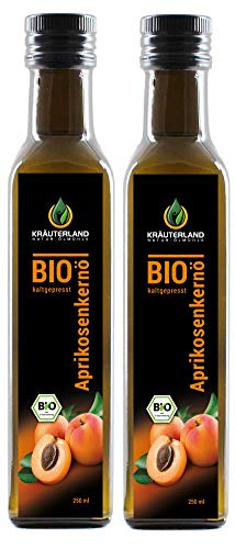 Kräuterland Bio Aprikosenkernöl, Bio-zertifiziert, 500ml, kaltgepresst, 100% naturrein, Speiseöl in Gourmetküche, Naturkosmetik Haut- und Haarpflege (2 x 250ml)
