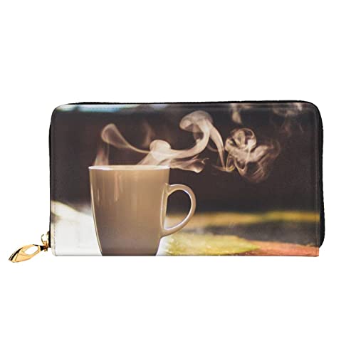 DEHIWI Hot Coffee Leder Geldbörse mit Reißverschluss für Damen, Clutch, Reisekartenhalter, Tasche, Geschenk, Schwarz , Einheitsgröße