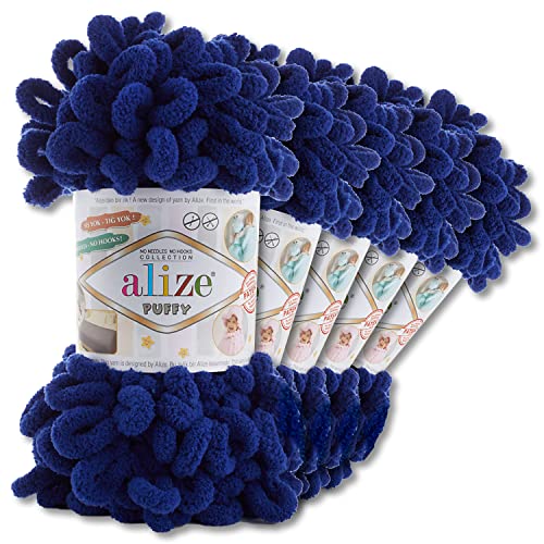 Alize 5 x 100 g Puffy Wolle Chenille Schlaufenwolle Häkeln und Stricken ohne Hilfsmittel Kleidung Accesoire Decken Teppiche (360 | Nachtblau)