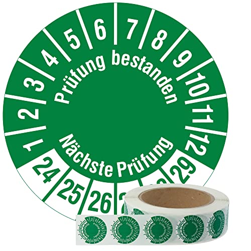 Labelident Mehrjahresprüfplaketten 2024-2029 - Prüfung bestanden / Nächste Prüfung - Ø 30 mm, 1000 widerstandsfähige Prüfplaketten auf Rolle, Polyethylen, grün