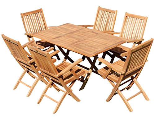 ASS Teak Set: Gartengarnitur Ausziehtisch 100-140 x 80 cm + 6 Klappsessel mit Armlehne Holz Serie JAV-Aves