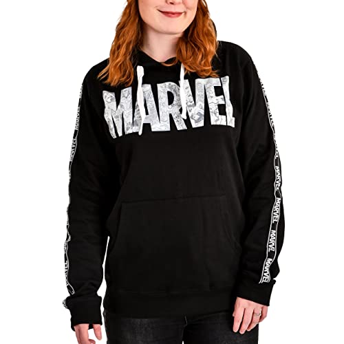 Elbenwald Marvel Hoodie mit Comic Logo Motiv für Herren Damen Unisex mit Kapuze, Ärmelprint und vorderen Eingrifftaschen Baumwolle schwarz - M