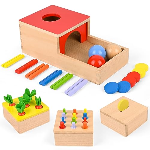 Holzspielzeug, Comius Sharp 4 in 1 Montessori Spielzeug, Motor Skills Spielzeug für Jungen und Mädchen, Thema für Object Permanence Box, Münzbox, Karottenernte, Colour Matching Sticks, Ball Drop