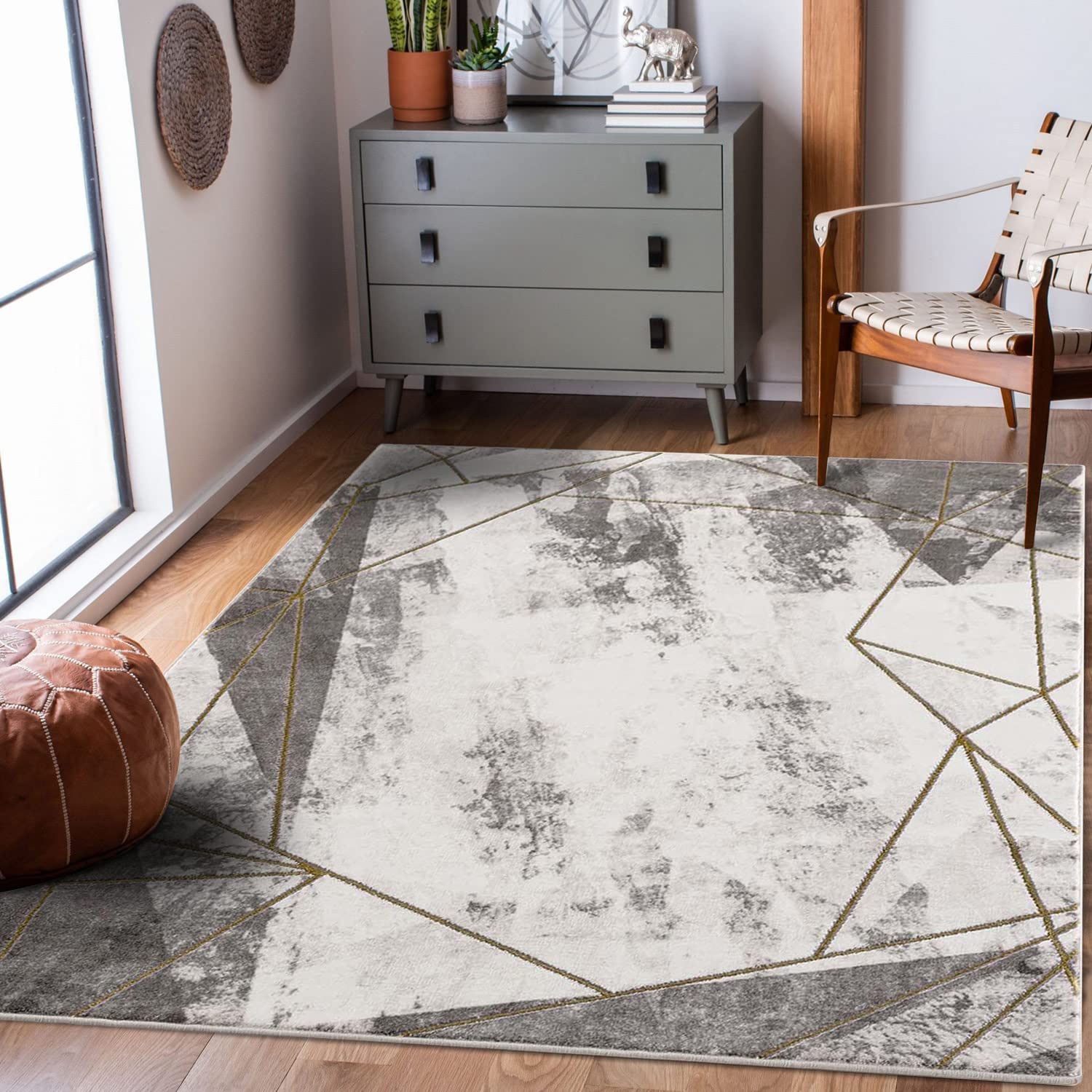 carpet city Teppich Läufer Wohnzimmer Abstraktes Muster - 80x300 cm Grau Golden Meliert - Moderne Teppiche Kurzflor