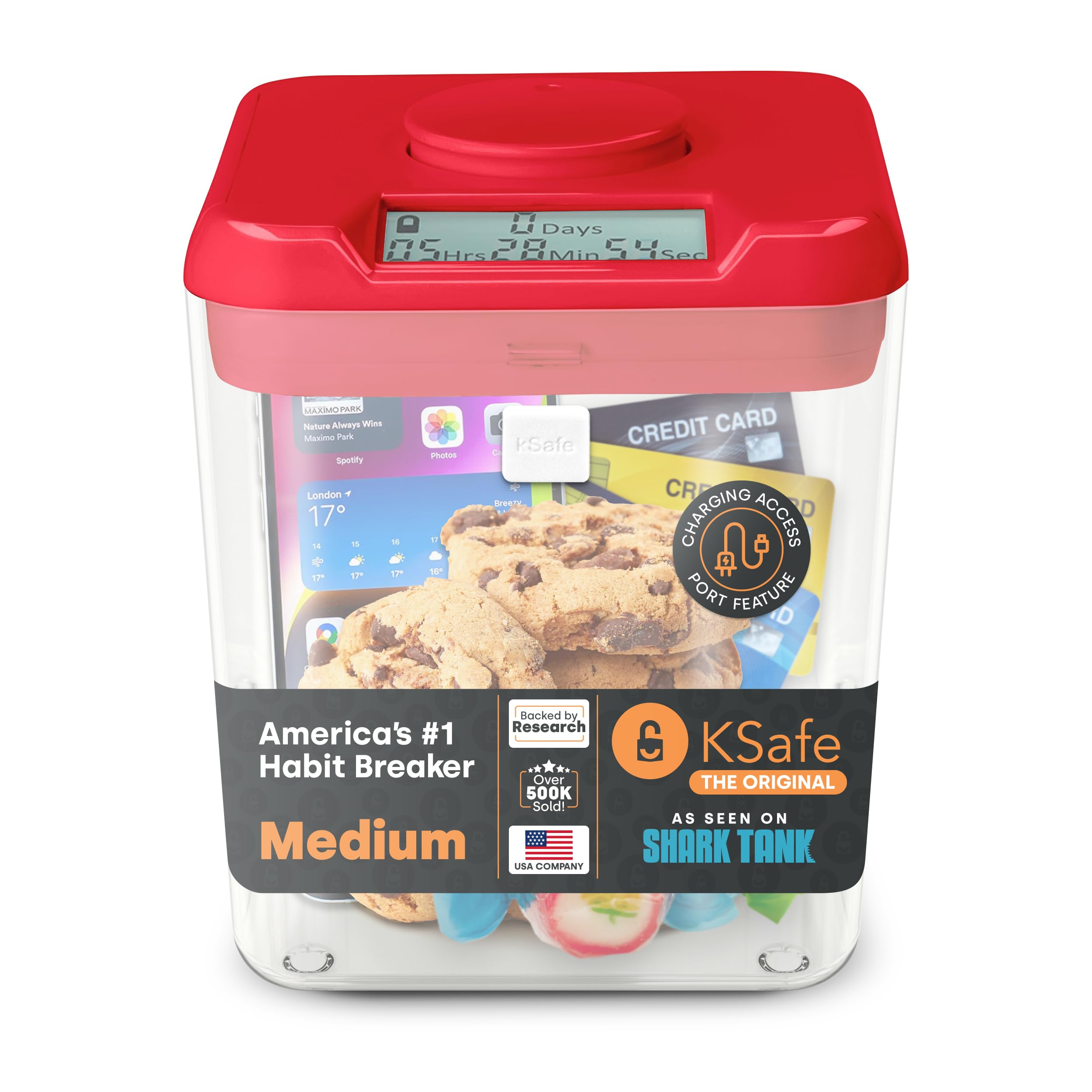 Kitchen Safe mit Zeitschloss-Container (Medium), Zeitschloss-Box für Handys, Snacks und andere unerwünschte Versuchungen (roter Deckel + 13.97cm klarer Behälter)