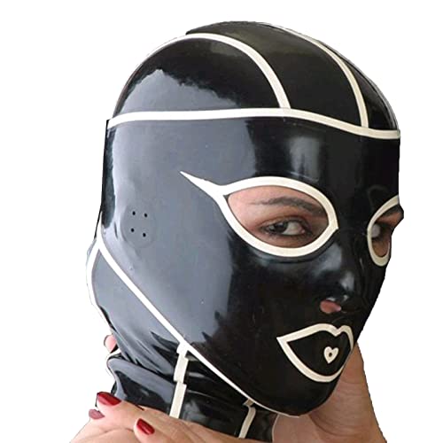 ERNZI Latex Haube Gummi Maske Handgemachte Sexy Halloween Cosplay Kostüme Mit Weiß Trim Für Männer Frauen,Schwarz,XL