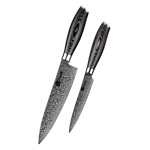 KENSAKI 2er Messerset aus Damaszener Stahl Küchenmesser Japanischer Art hergestellt aus 67 Lagen Damaststahl – Kuro Serie