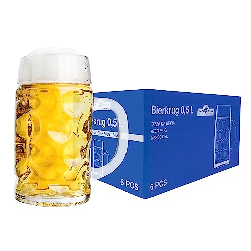 Van Well 6er Set Maßkrug 0,5L geeicht | Bierglas spülmaschinenfest perfekt geeignet für Gastronomie | Halber Liter Bierkrug mit Henkel