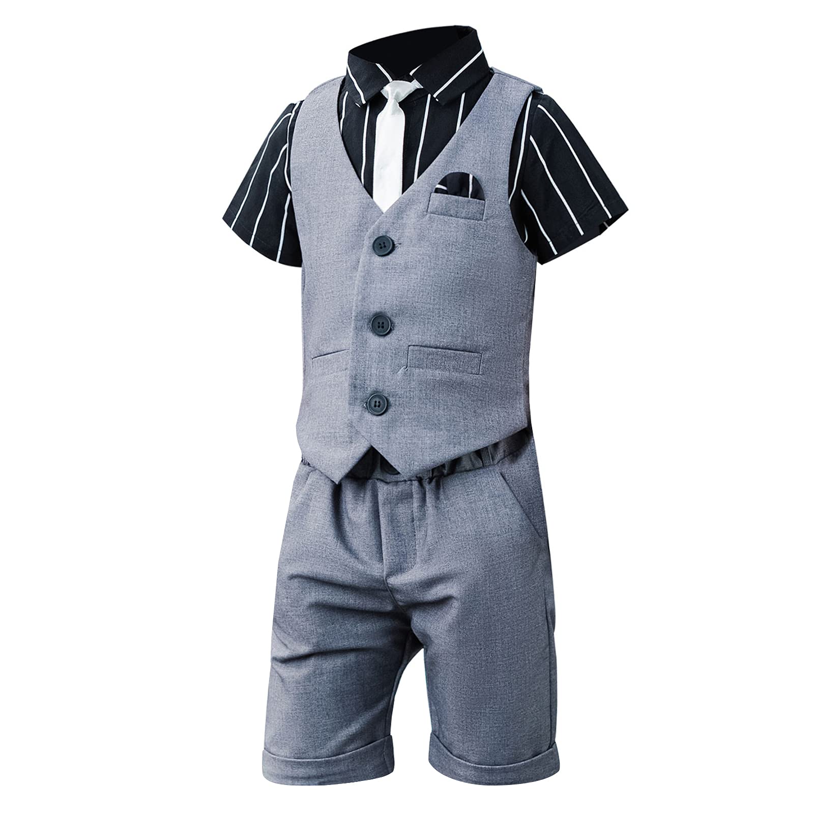 SXSHUN Jungen 3 TLG Kinderanzug Krawatte Weihnachten Strampler Junge Hochzeit Anzug Hemd Frühling Sommer,grau(3tlg),153