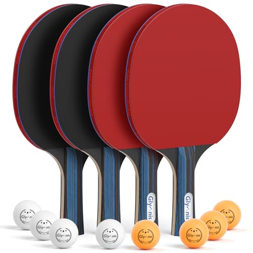 Glymnis Tischtennis Schläger, 4 Tischtennisschläger + 8 Bälle, Tischtennis Set mit 2 Tasche