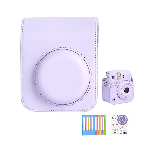 Aisnyho Kameratasche für Fuji Instax Mini 12 Sofortbildkamera mit verstellbarem Schultergurt/Fotorahmen/Cartoon-Aufkleber, fliederfarben / violett, Kameratasche