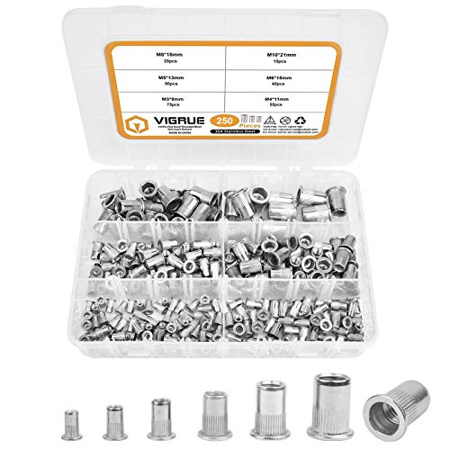 VIGRUE 250Stk Nietmuttern Sortiment M3 M4 M5 M6 M8 M10 Gewindenieten Nietmutter A2-70 Edelstahl Werkzeug Flachkopf Gewinde Rivet Nutsert Cap Muttern für Nietmutternzange