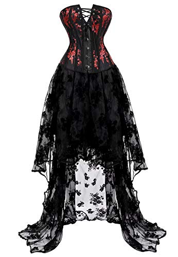 Josamogre corsagenkleid gothic korsett kleid corsage bustier set stickerei damen spitze asymmetrisch rock Schwarz 3XL