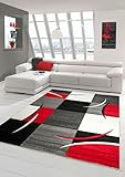 Designer Teppich Moderner Teppich Wohnzimmer Teppich Kurzflor Teppich mit Konturenschnitt Karo Muster Rot Grau Weiß Schwarz Größe 80 x 300 cm