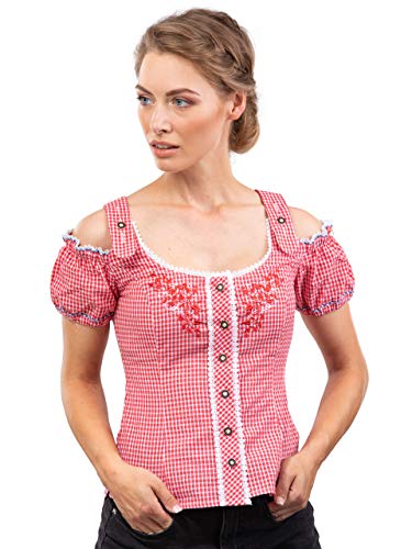 Schöneberger Trachten Couture Trachtenbluse Alpenklee - Elegante, Karierte Bluse im Carmenstil mit Stickereien - tailliert & verstellbar - div. Farben (34, Rot/Weiss mit Stick)